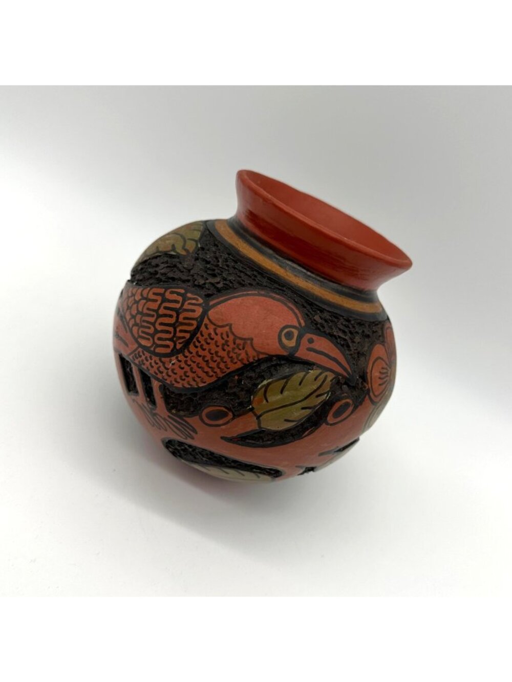 Pottery Hanging Planter Nicaraguan Incised Handmade Birds Flowers Hand Carved